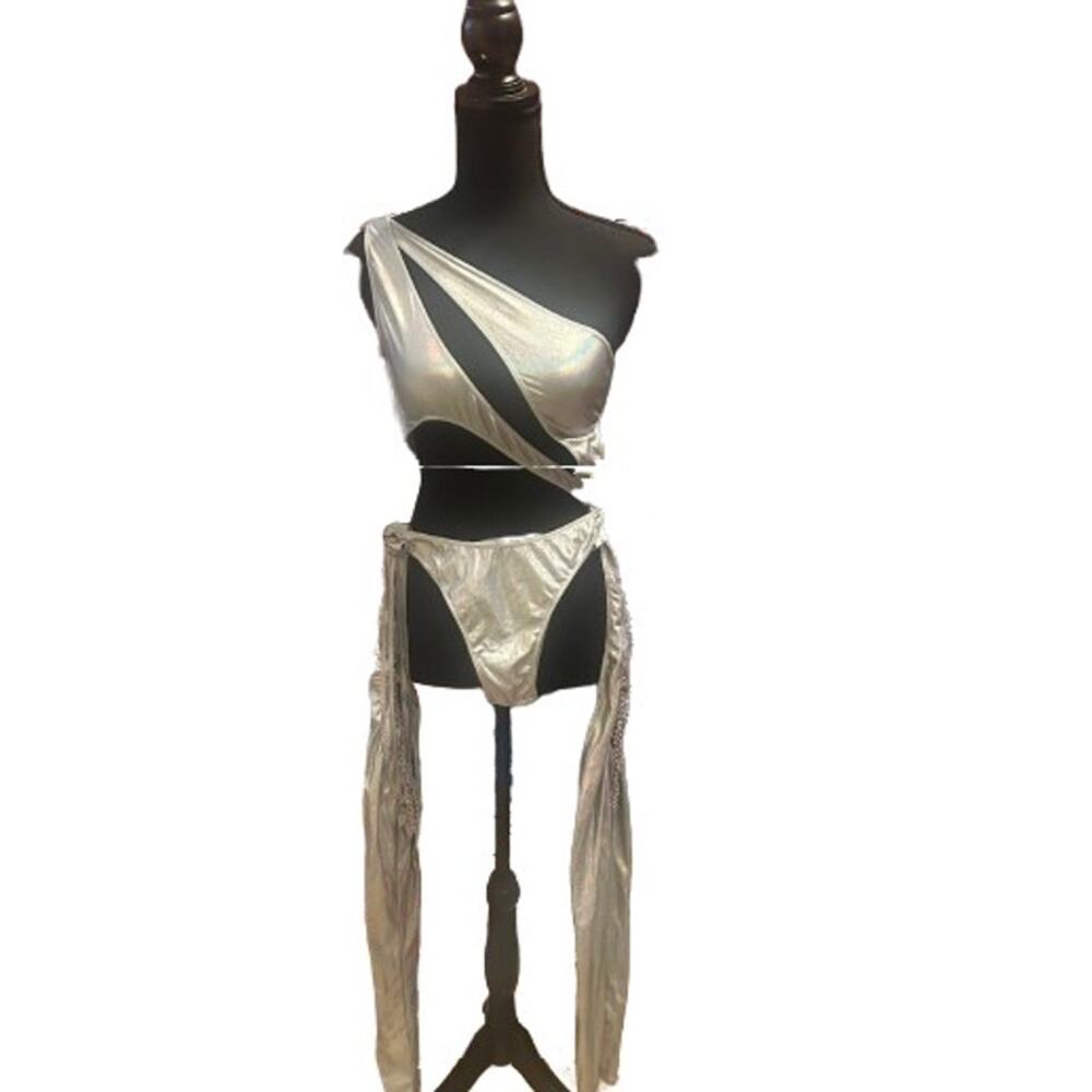 CLUB EXX Holographic Prism Moonwalk Cut-Out Catsuit - SILVER- SMALL